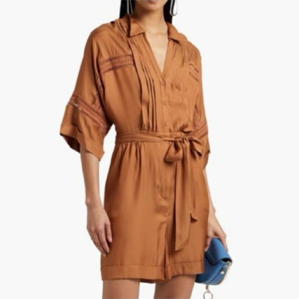 Diane Von Furstenberg Bara Satin Pintucked Button Front Silk Blend Romper Size 8